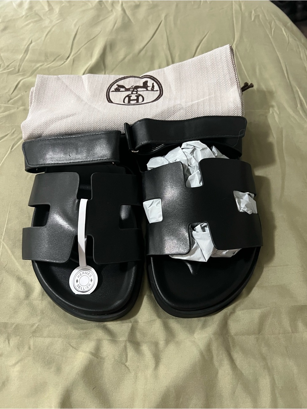 Hermes Men's Black Oran-Style Leather Slide Sandals